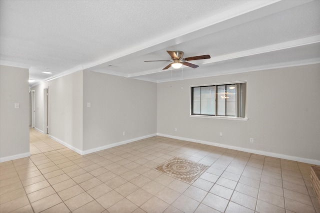 3416 Bristol Dr, Arlington, TX 76013 - empty room with light tile patterned flooring, a ceiling fan, beam ceiling, ornamental molding, and a textured ceiling