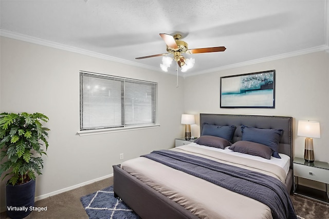 3416 Bristol Dr, Arlington, TX 76013 - bedroom with carpet flooring, ornamental molding, baseboards, and ceiling fan