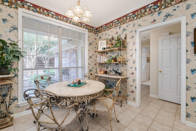 1317 Radisson Dr, Hewitt, TX 76643 - dining space featuring a chandelier, wallpapered walls, light tile patterned floors, ornamental molding, and baseboards