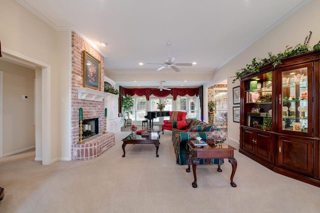 1317 Radisson Dr, Hewitt, TX 76643 - living area with a ceiling fan, carpet, a brick fireplace, ornamental molding, and baseboards