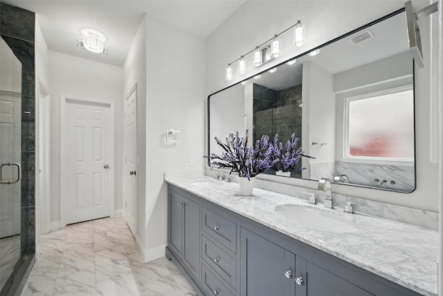 4309 Cutter Springs Ct, Plano, TX 75024 - full bath featuring marble finish flooring, double vanity, a stall shower, and baseboards