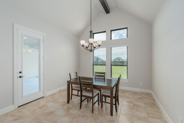 8220 Stonewall Dr, Waxahachie, TX 75167 - dining room featuring a chandelier, beamed ceiling, high vaulted ceiling, and baseboards