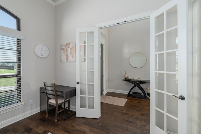 8220 Stonewall Dr, Waxahachie, TX 75167 - home office featuring french doors, dark wood-type flooring, baseboards, and ornamental molding