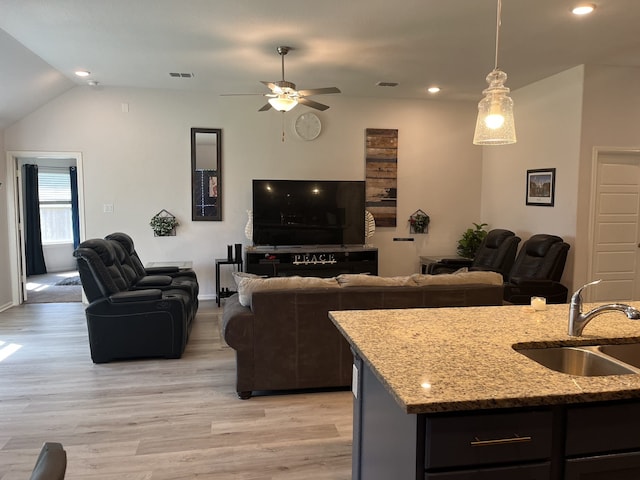 1311 Rosler St, Mansfield, TX 76063 - living area with ceiling fan, light wood-style flooring, recessed lighting, lofted ceiling, and baseboards