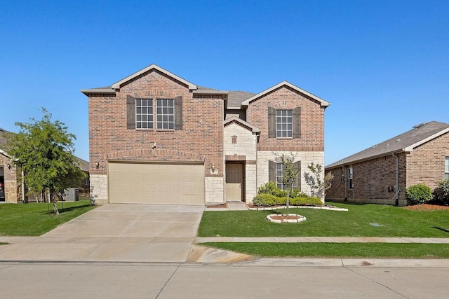 1409 Nicholas Ln, Little Elm, TX 75068 - traditional home with stone siding, a front lawn, a garage, and driveway