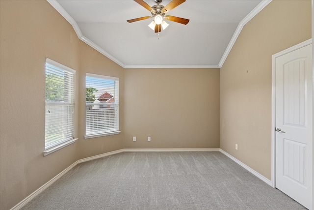 12712 Greenhaven Dr, Frisco, TX 75035 - spare room with crown molding, a ceiling fan, light colored carpet, baseboards, and vaulted ceiling