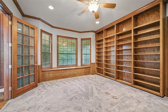 661 Diamond Point Dr, Oak Point, TX 75068 - empty room featuring ornamental molding, built in shelves, carpet flooring, a ceiling fan, and recessed lighting