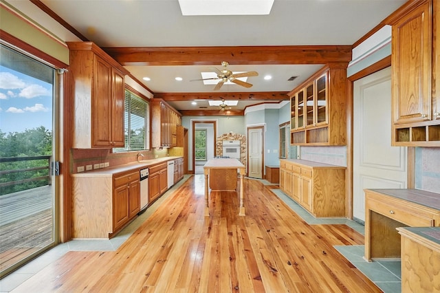 661 Diamond Point Dr, Oak Point, TX 75068 - kitchen with light wood-type flooring, light countertops, a kitchen island, open shelves, and recessed lighting