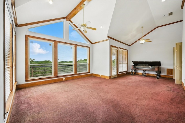 661 Diamond Point Dr, Oak Point, TX 75068 - unfurnished living room with ceiling fan, carpet floors, and high vaulted ceiling