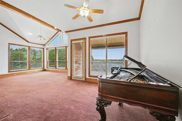 661 Diamond Point Dr, Oak Point, TX 75068 - carpeted home office featuring a ceiling fan, lofted ceiling, and crown molding