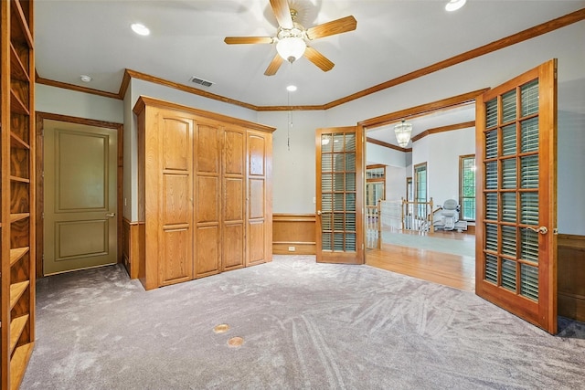 661 Diamond Point Dr, Oak Point, TX 75068 - unfurnished bedroom featuring carpet flooring, a wainscoted wall, crown molding, recessed lighting, and a closet