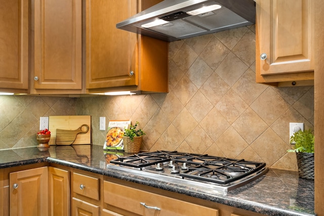 307 Sagebrush Dr, Oak Point, TX 75068 - kitchen featuring extractor fan, stainless steel gas cooktop, and decorative backsplash