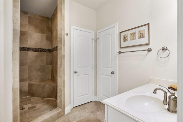 307 Sagebrush Dr, Oak Point, TX 75068 - full bathroom featuring vanity, tiled shower, and tile patterned floors