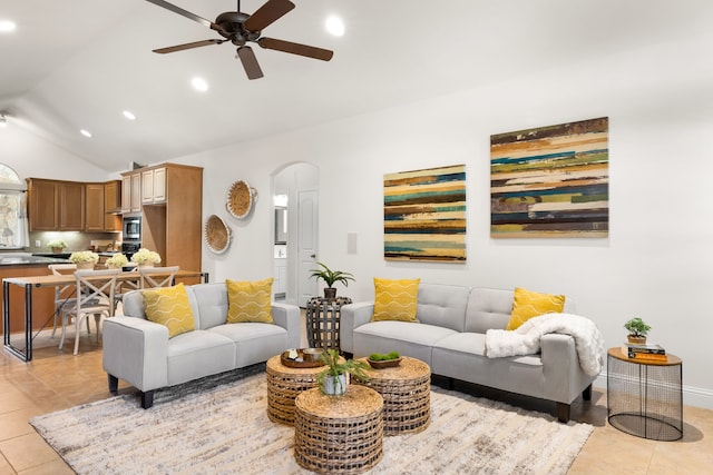307 Sagebrush Dr, Oak Point, TX 75068 - living area featuring arched walkways, recessed lighting, a ceiling fan, light tile patterned floors, and vaulted ceiling