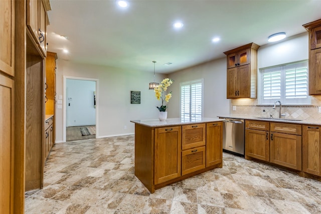 206 Crooked Creek Dr, Richardson, TX 75080 - kitchen featuring stainless steel dishwasher, brown cabinets, decorative backsplash, plenty of natural light, and recessed lighting