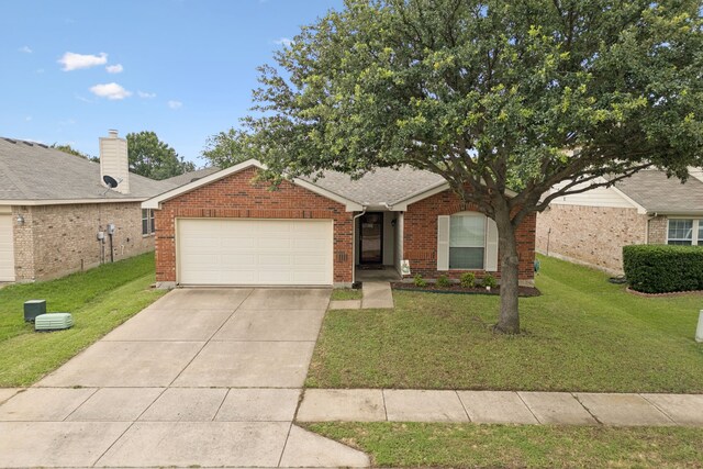 8824 Wagon Trl, Cross Roads, TX 76227 - ranch-style house featuring an attached garage, concrete driveway, a front lawn, and brick siding