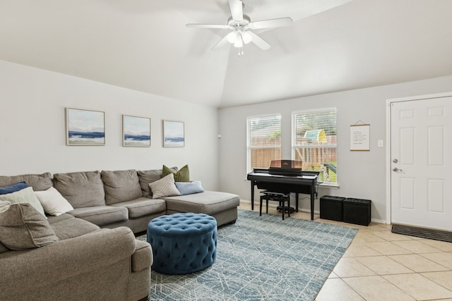 8824 Wagon Trl, Cross Roads, TX 76227 - living area featuring ceiling fan, light tile patterned floors, lofted ceiling, and baseboards