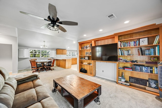 990 Cornelius Rd, Rockwall, TX 75087 - living area featuring light carpet, ceiling fan, a chandelier, recessed lighting, and baseboards