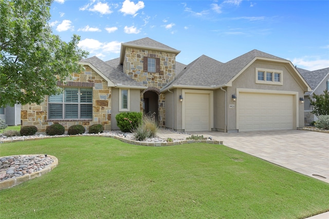 9921 Flint Way, Denton, TX 76207 - view of front of house featuring stone siding, stucco siding, a garage, decorative driveway, and a front yard