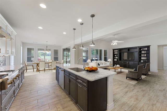 9921 Flint Way, Denton, TX 76207 - kitchen with a sink, light wood-type flooring, stainless steel appliances, a ceiling fan, and light stone countertops