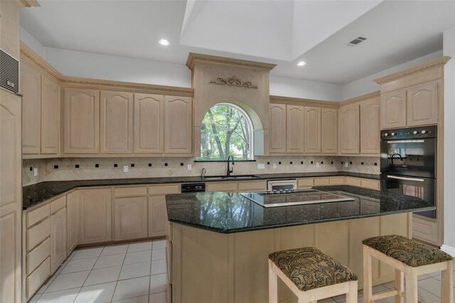732 Richmond Ln, Keller, TX 76248 - kitchen with light brown cabinets, a sink, electric cooktop, a breakfast bar, and recessed lighting