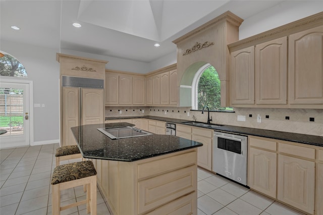 732 Richmond Ln, Keller, TX 76248 - kitchen featuring stainless steel dishwasher, light brown cabinetry, a sink, black electric cooktop, and light tile patterned flooring