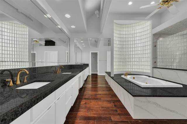 732 Richmond Ln, Keller, TX 76248 - full bathroom featuring a ceiling fan, double vanity, hardwood / wood-style floors, a whirlpool tub, and recessed lighting