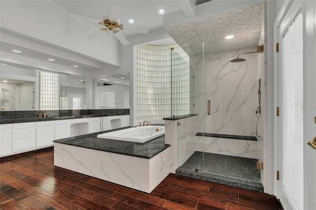 732 Richmond Ln, Keller, TX 76248 - full bath featuring ceiling fan, a marble finish shower, hardwood / wood-style flooring, vanity, and recessed lighting