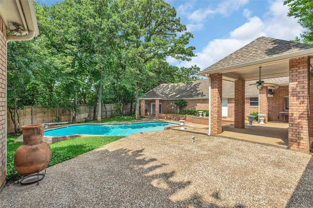 732 Richmond Ln, Keller, TX 76248 - view of pool with a ceiling fan, a patio area, a fenced backyard, and a diving board