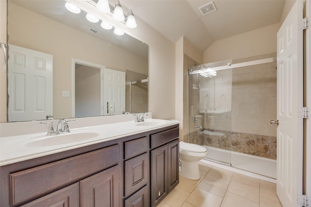 4651 Penelope Ln, Plano, TX 75024 - full bath featuring toilet, double vanity, tiled shower, tile patterned flooring, and vaulted ceiling