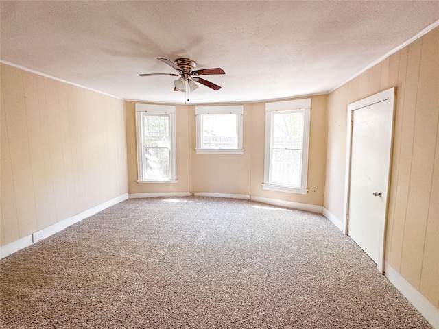 611 4th St, Mineral Wells, TX 76067 - carpeted spare room with a textured ceiling, a ceiling fan, ornamental molding, plenty of natural light, and wooden walls