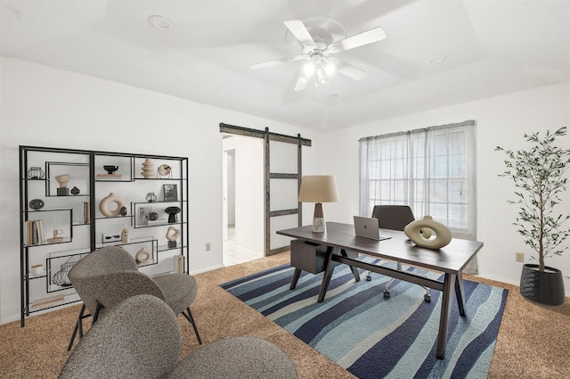 5702 Stage Line Ct, Arlington, TX 76017 - office space featuring a barn door, carpet flooring, and ceiling fan