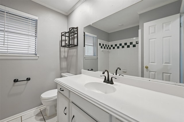 5702 Stage Line Ct, Arlington, TX 76017 - bathroom featuring ornamental molding, vanity, a shower, and tile patterned floors