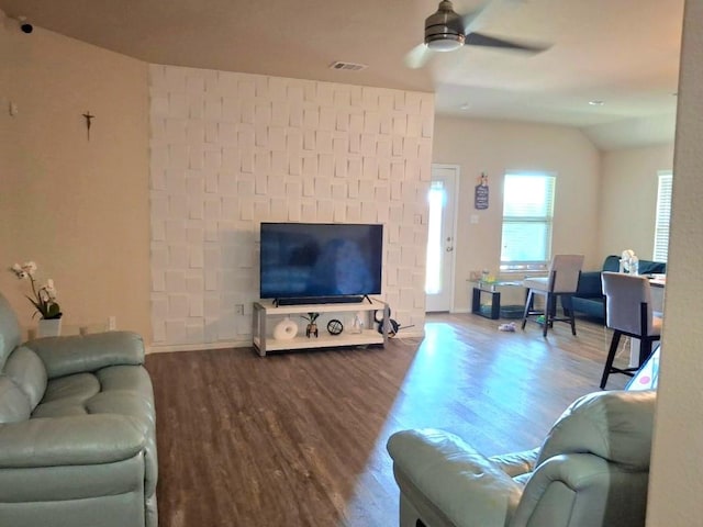 2804 Brazos Dr, Little Elm, TX 75068 - living room featuring wood finished floors, vaulted ceiling, ceiling fan, and baseboards