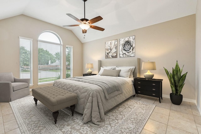 1702 Travis Ct, Allen, TX 75002 - bedroom with vaulted ceiling, light tile patterned floors, ceiling fan, and baseboards