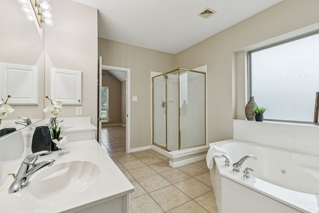 1702 Travis Ct, Allen, TX 75002 - bathroom with a shower stall, tile patterned floors, double vanity, a tub with jets, and baseboards