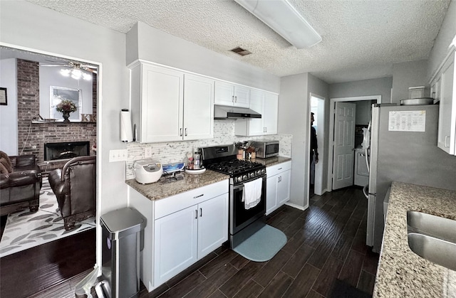 629 Yosemite Trl, Mesquite, TX 75149 - kitchen with stainless steel appliances, under cabinet range hood, ceiling fan, white cabinets, and dark wood finished floors