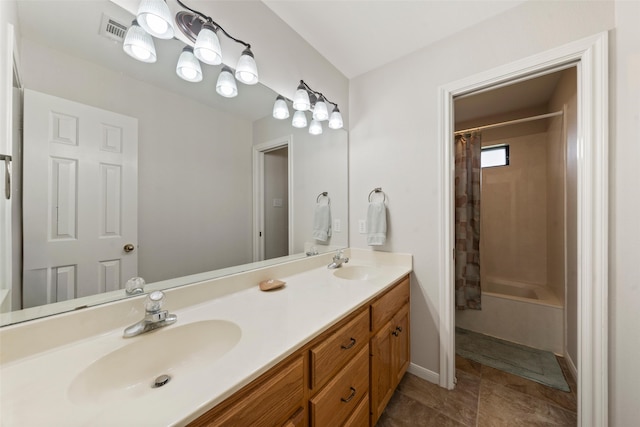 137 Thiele Rd, Lorena, TX 76655 - bathroom featuring double vanity, shower / bath combination with curtain, tile patterned flooring, and baseboards