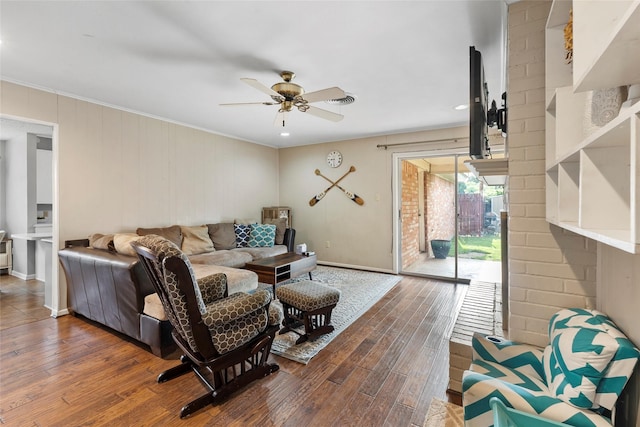5 Scott Pl, Abilene, TX 79601 - living room with ornamental molding, hardwood / wood-style flooring, ceiling fan, and baseboards
