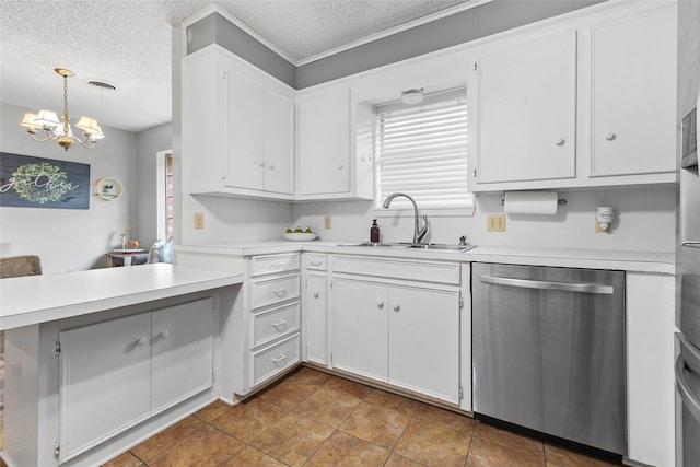 5 Scott Pl, Abilene, TX 79601 - kitchen with stainless steel dishwasher, light countertops, a chandelier, a sink, and a textured ceiling