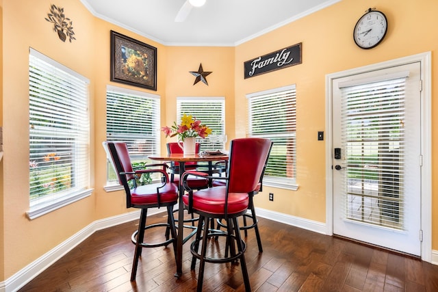 1755 County Road 362, Melissa, TX 75454 - dining area with ornamental molding, dark wood finished floors, baseboards, plenty of natural light, and a ceiling fan