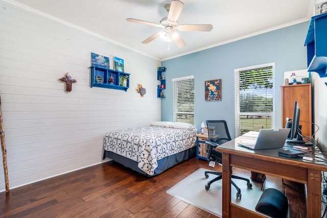 1755 County Road 362, Melissa, TX 75454 - bedroom with an office area, dark wood-style flooring, ornamental molding, wooden walls, and a ceiling fan