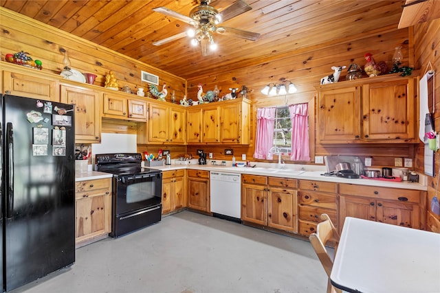 1036 Pvt Rd Unit 8905, Canton, TX 75103 - kitchen with black appliances, wood walls, concrete flooring, light countertops, and ceiling fan