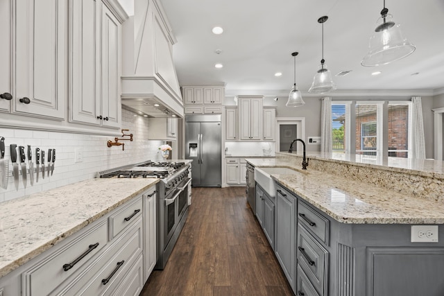 220 Sunray Ln, Sunnyvale, TX 75182 - kitchen featuring stainless steel appliances, gray cabinets, a sink, custom range hood, and tasteful backsplash