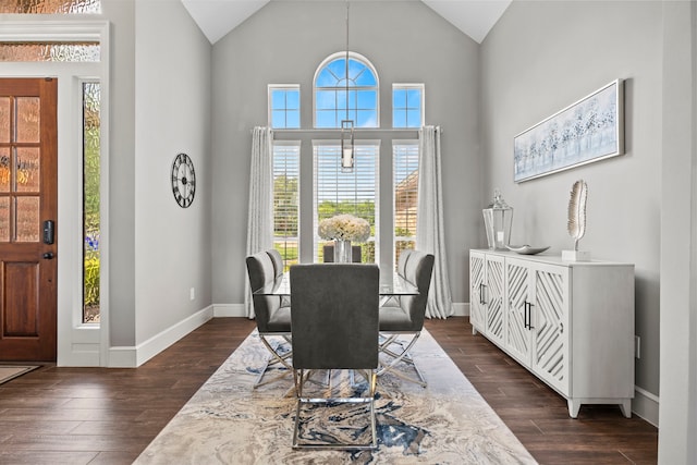 220 Sunray Ln, Sunnyvale, TX 75182 - dining space featuring healthy amount of natural light, dark wood-type flooring, baseboards, and high vaulted ceiling