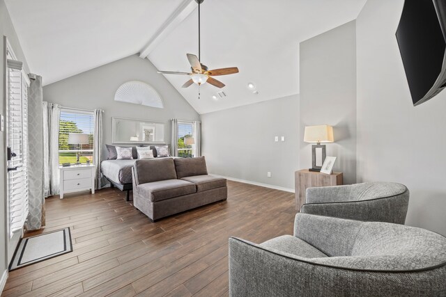 220 Sunray Ln, Sunnyvale, TX 75182 - bedroom featuring beam ceiling, high vaulted ceiling, dark wood-style floors, multiple windows, and baseboards