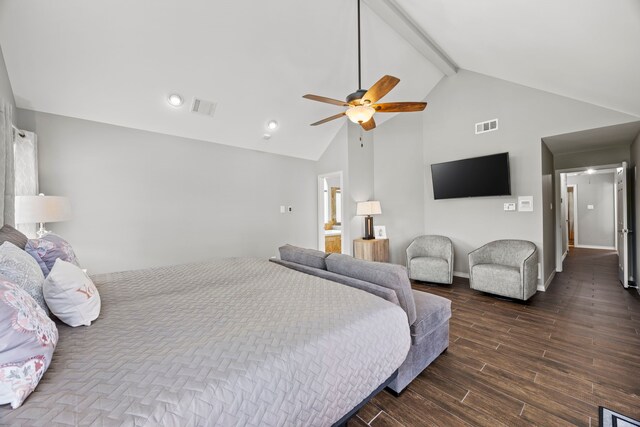 220 Sunray Ln, Sunnyvale, TX 75182 - bedroom featuring beam ceiling, dark wood-style floors, ceiling fan, high vaulted ceiling, and baseboards