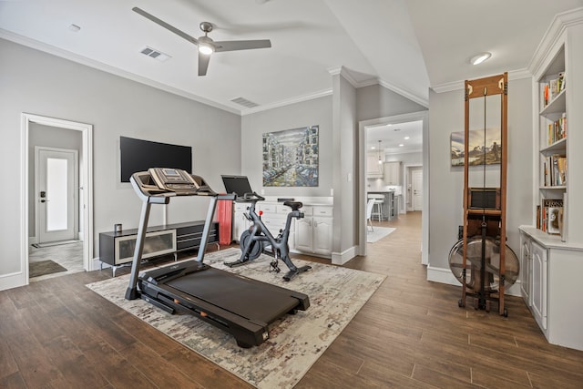 220 Sunray Ln, Sunnyvale, TX 75182 - exercise room with dark wood-style floors, a ceiling fan, crown molding, baseboards, and lofted ceiling