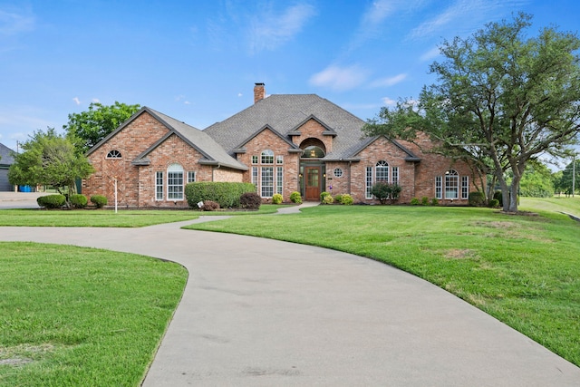 220 Sunray Ln, Sunnyvale, TX 75182 - view of front of property featuring brick siding, a chimney, a front lawn, and a shingled roof