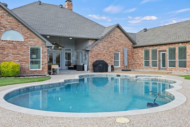 220 Sunray Ln, Sunnyvale, TX 75182 - view of swimming pool featuring a ceiling fan, a patio area, french doors, area for grilling, and a pool with connected hot tub